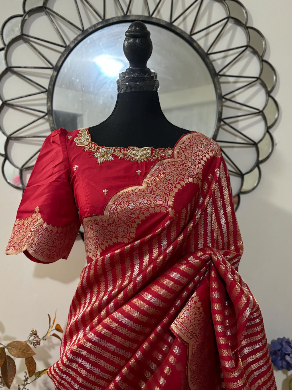 Beautiful Banarasi kataan silk  saree paired up with pretty Maggam work blouse. Blouse sizes can be customized.
