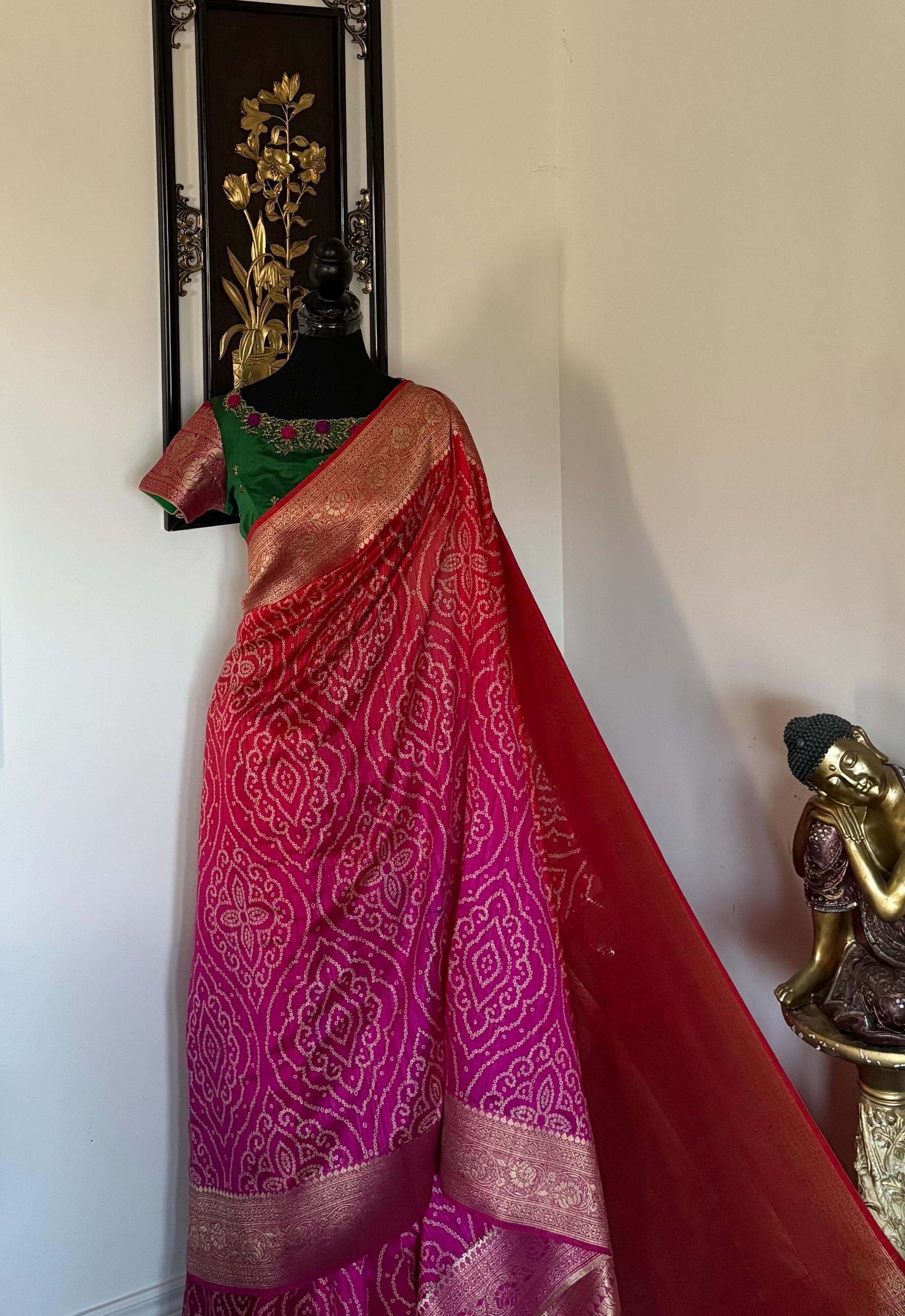 Beautiful cocktail dual shade banarasi  bandhini silk saree paired up pretty maggam blouse fits  sizes 32 -46 ready to wear prettiest blouse