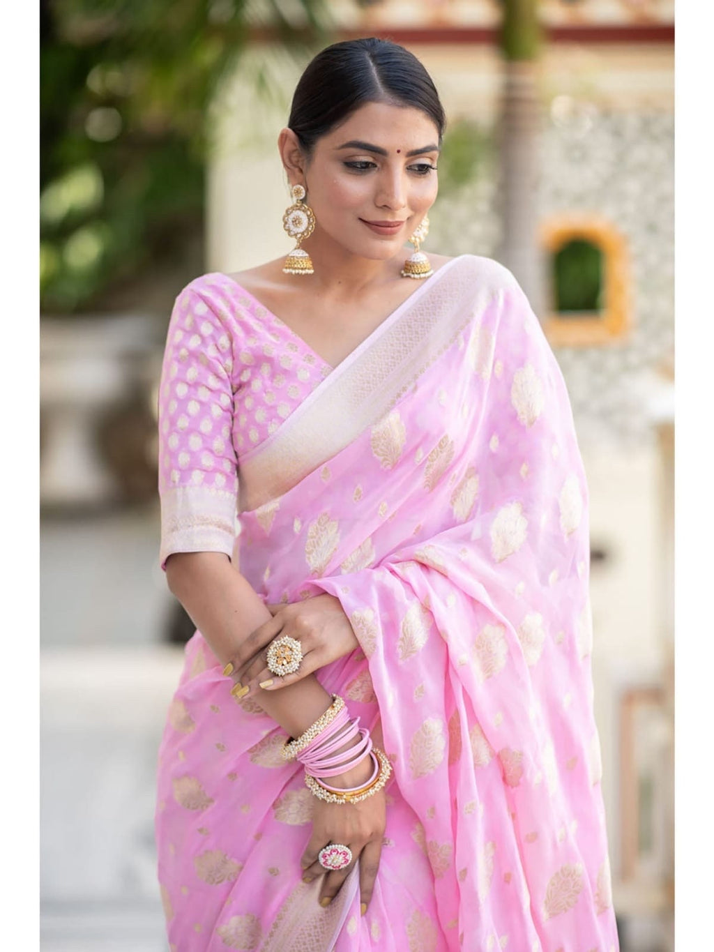 Banarasi handloom khadi georgette silk soft falling saree all over beautiful water zari weaving work any color possible ready to wear blouse