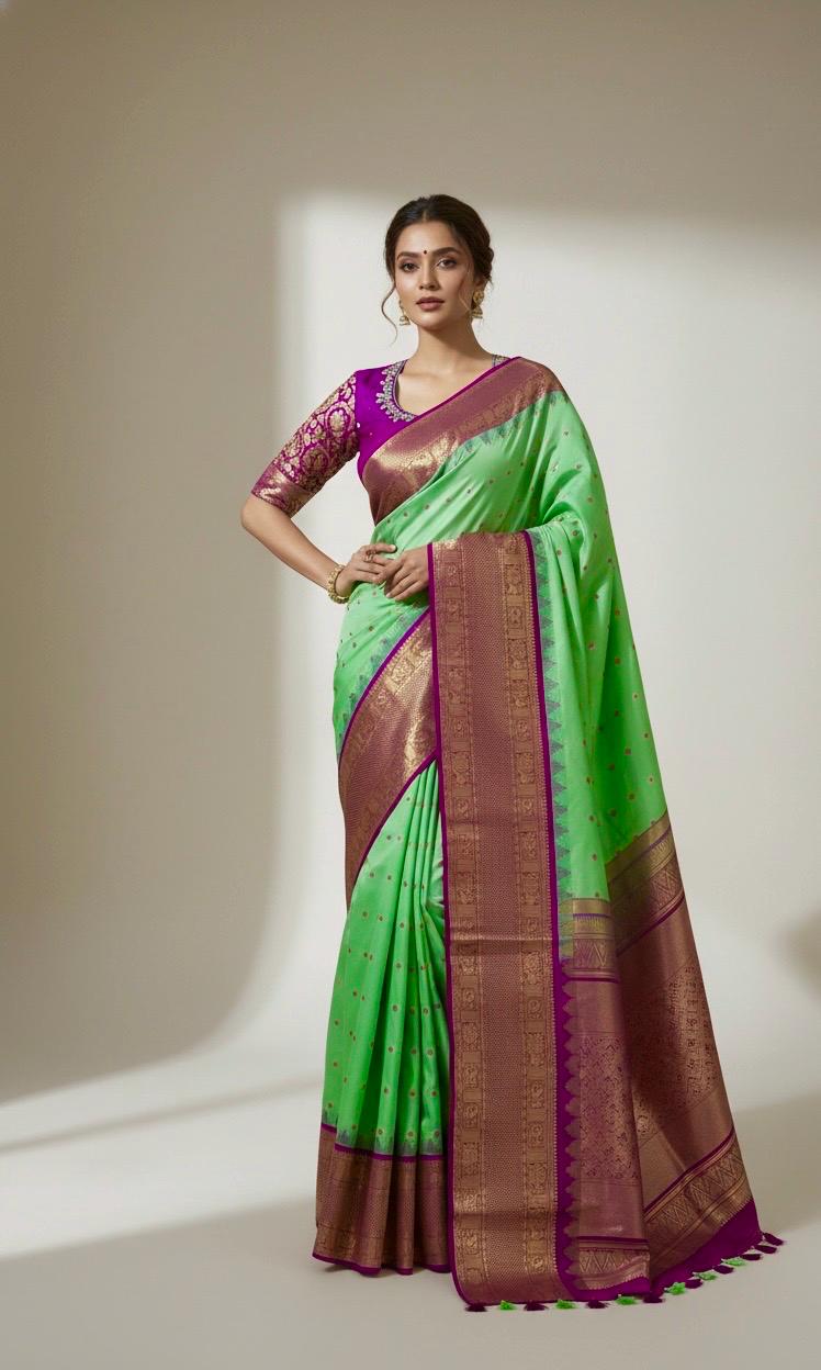Gadwal Handloom pure silk sarees in rare colors and ready to wear blouse with embroidered blouse fits up to 32 -46 saree is ready fall pico