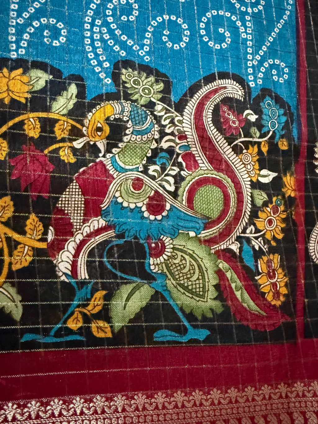Beautiful Light weight Emarald silk saree  with Kanchi boarder  Bhandini prints ready blouse fits 32 to 46 with beautiful color combo