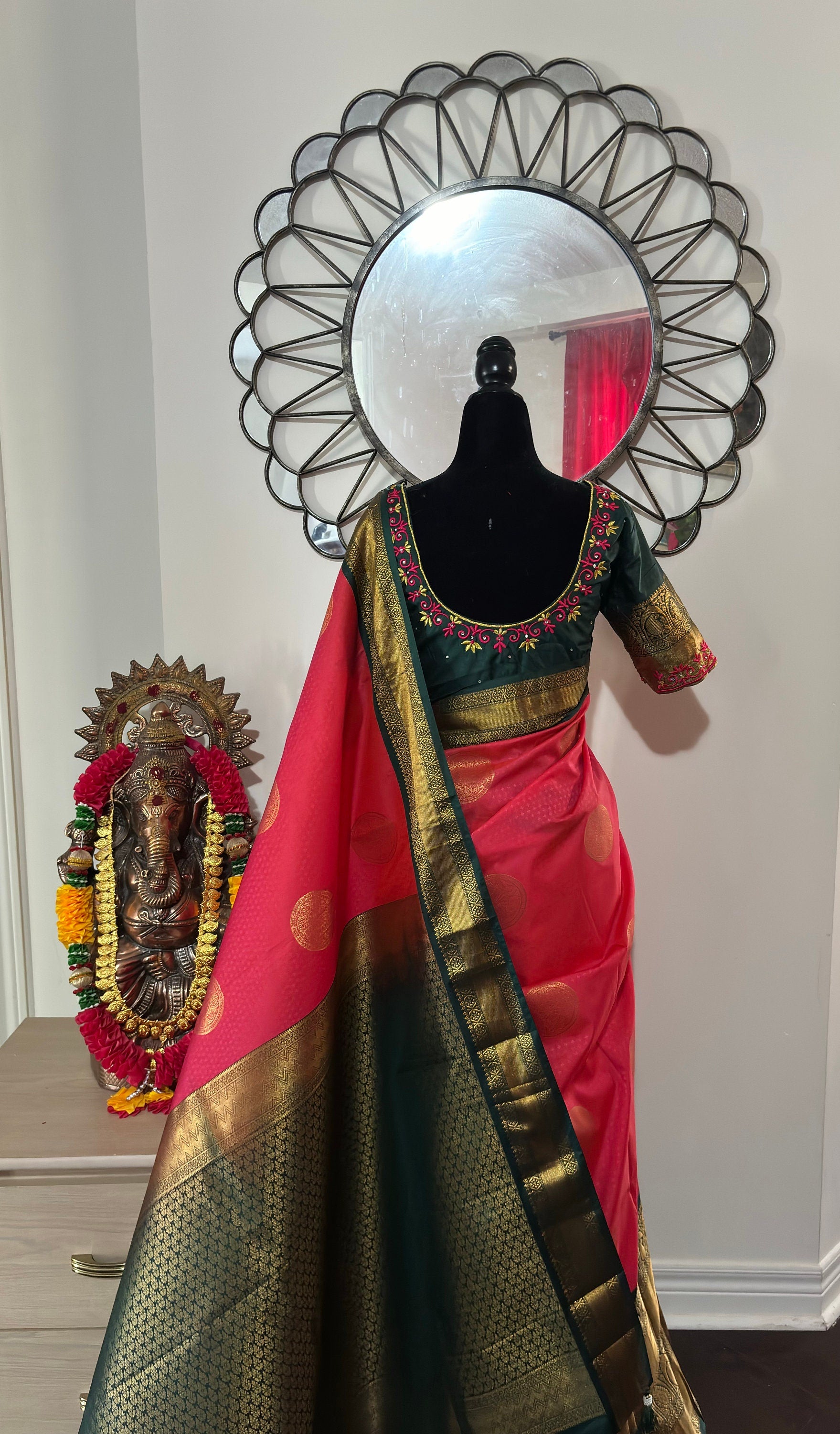 Kanchipuram soft silk saree in rare colors with beautifully done hand  made embroidered blouse with ready to wear work blouse fits 32 to 46