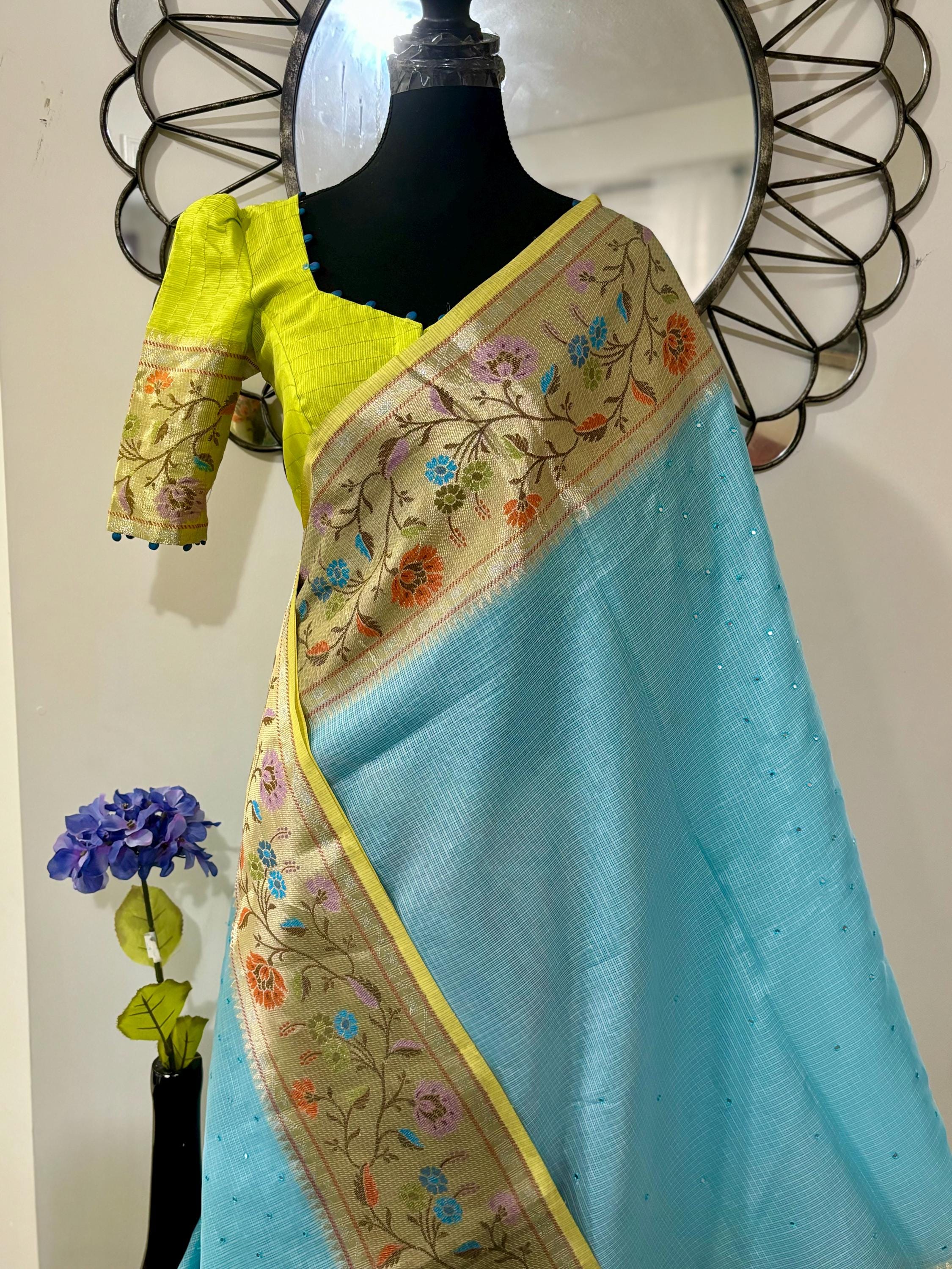 Beautiful Tissue Zari Kota saree with pythani Zari boardes and beautifully done work blouse paired up with pretty blouse fits up to 32 to 46