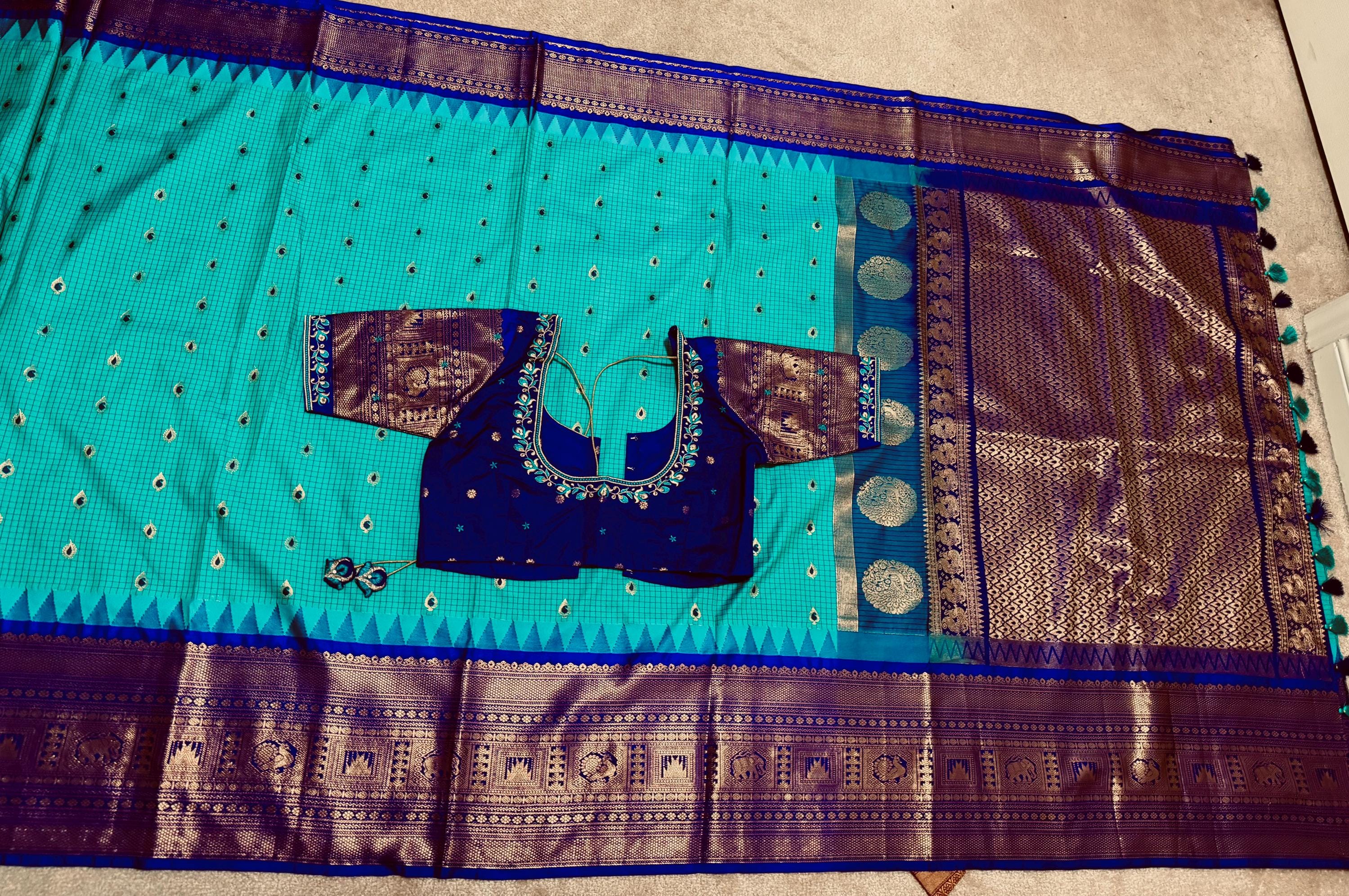 Gadwal Handloom pure silk sarees in rare colors and ready to wear blouse with embroidered blouse fits up to 32 -46 saree is ready fall pico