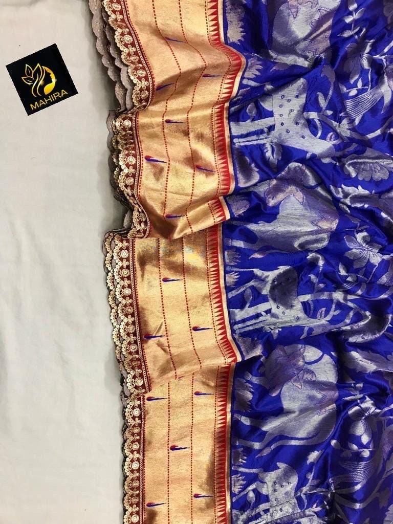 Beautiful soft paithani silk saree with all over zari weaving along with contrast munia border and pretty sequins lace border