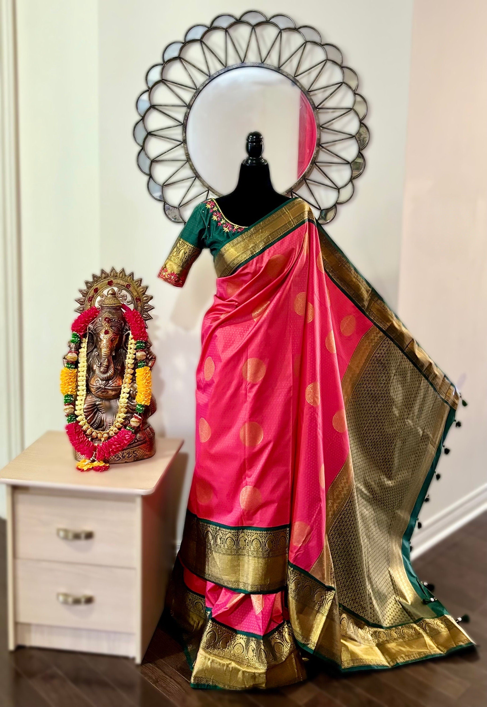 Kanchipuram soft silk saree in rare colors with beautifully done hand  made embroidered blouse with ready to wear work blouse fits 32 to 46