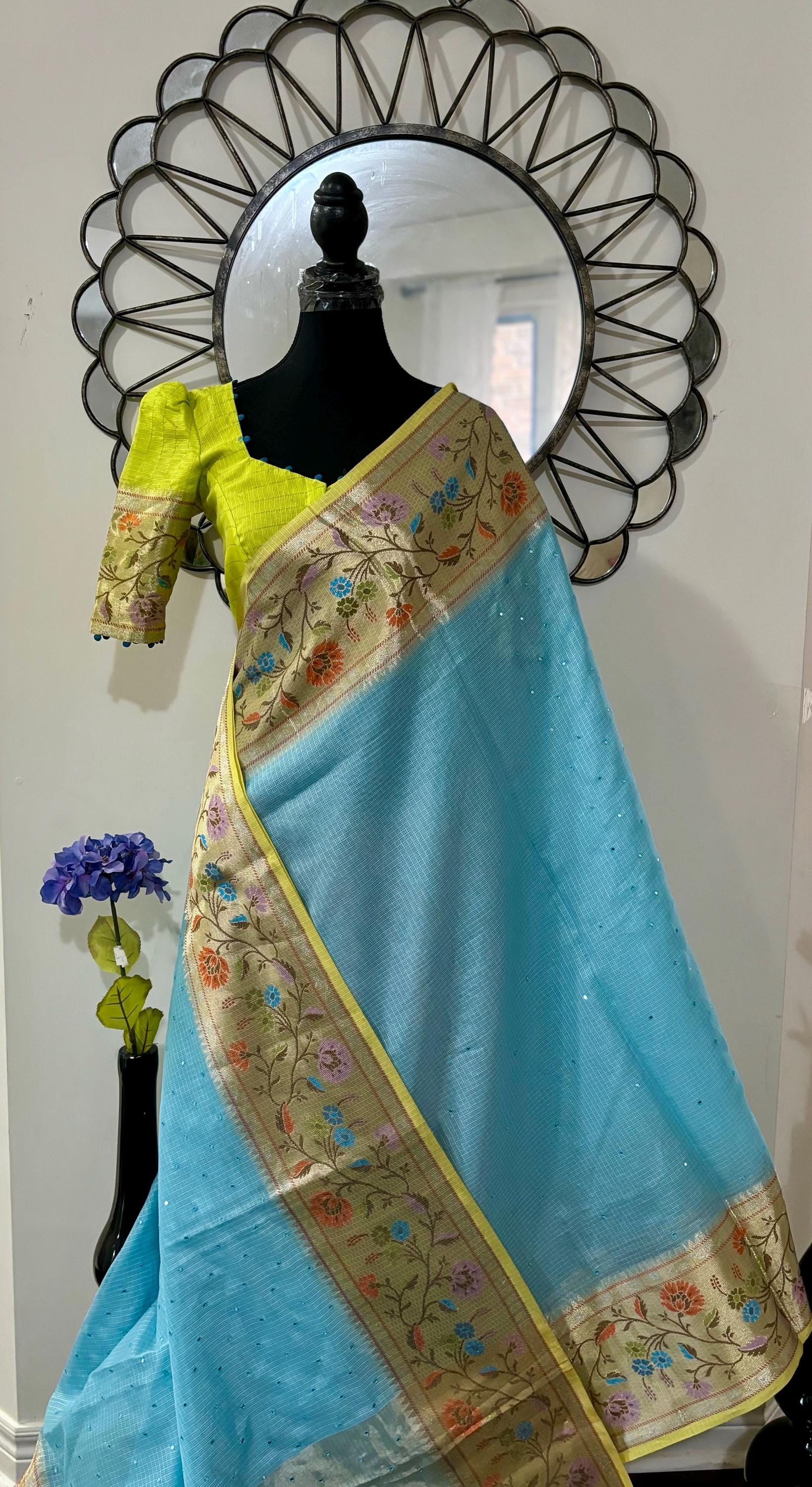 Beautiful Tissue Zari Kota saree with pythani Zari boardes and beautifully done work blouse paired up with pretty blouse fits up to 32 to 46