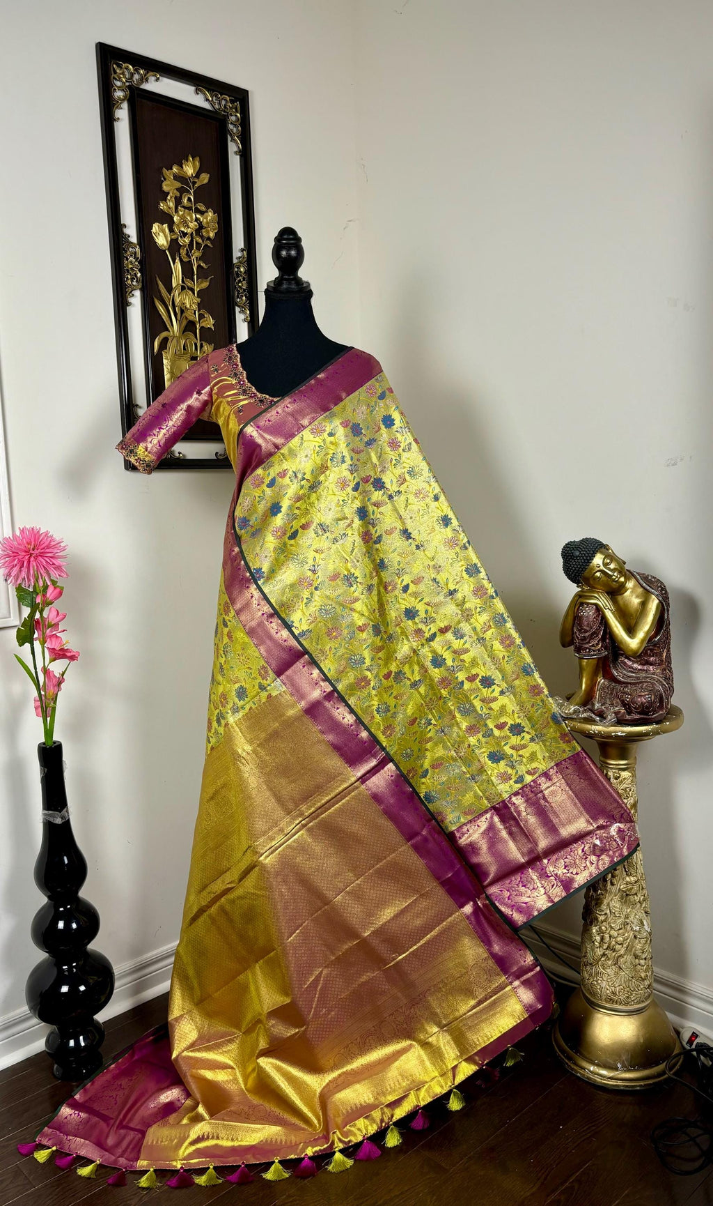 Kanchipuram tissu silk saree in rare colors with beautifully done hand  made embroidered blouse with ready to wear work blouse fits 32 to 46