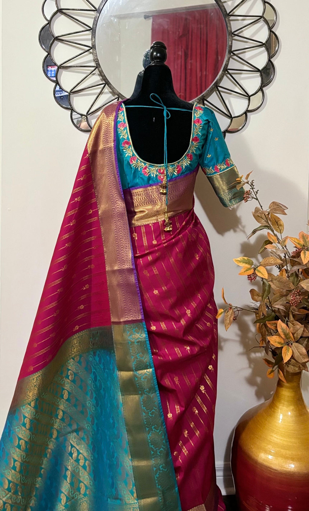 Kanchipuram soft silk saree in rarecolors with beautifully done hand  made embroidered blouse with readytowear work blouse fitsup to32 to 46