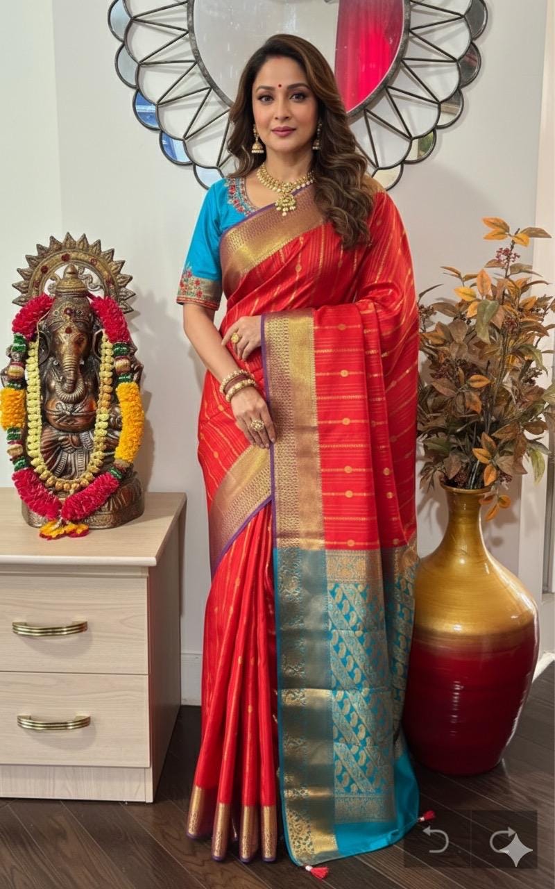 Kanchipuram soft silk saree in rarecolors with beautifully done hand  made embroidered blouse with readytowear work blouse fitsup to32 to 46