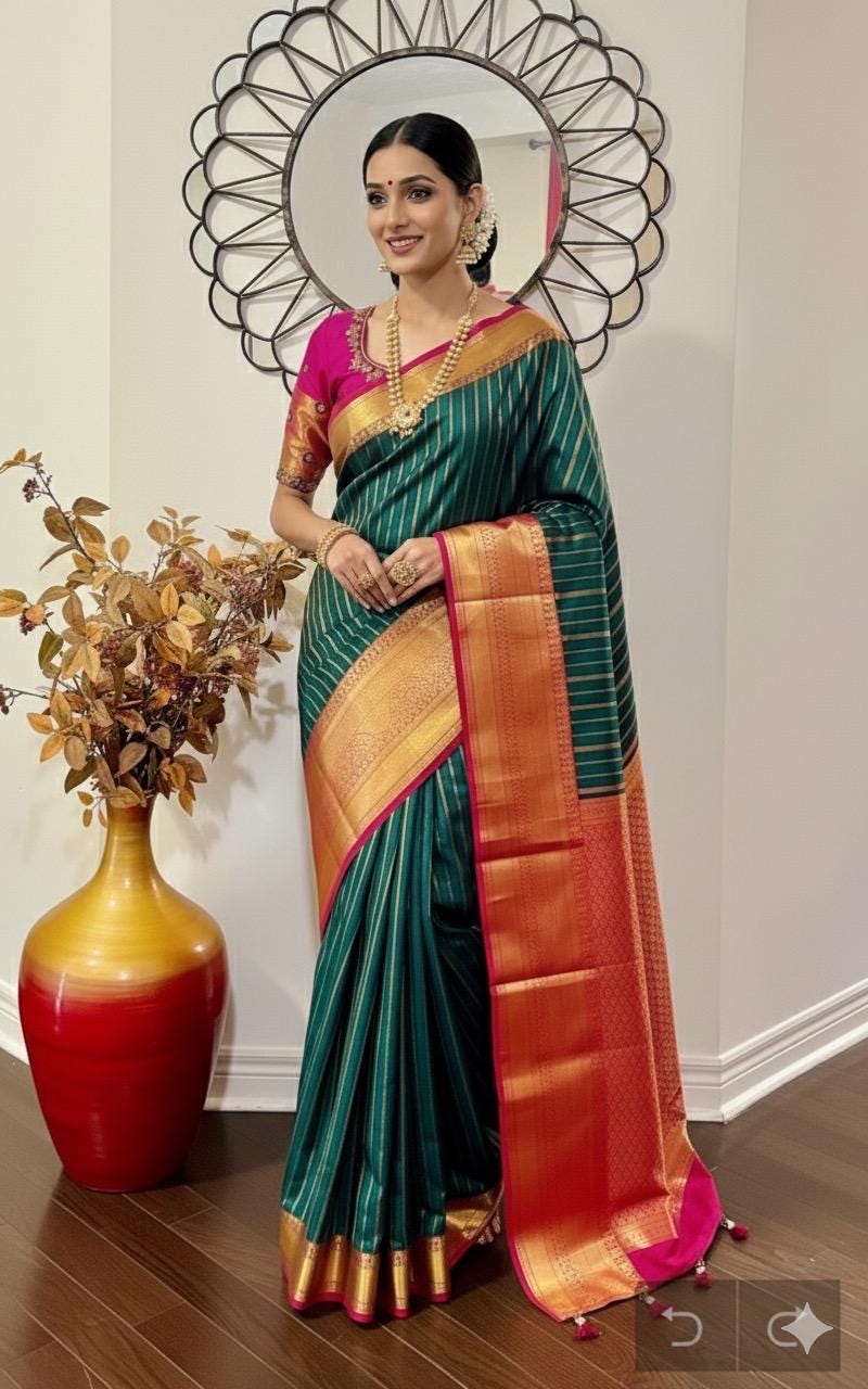 Kanchipuram soft silk saree in rarecolors with beautifully done hand  made embroidered blouse with readytowear work blouse fitsup to32 to 46