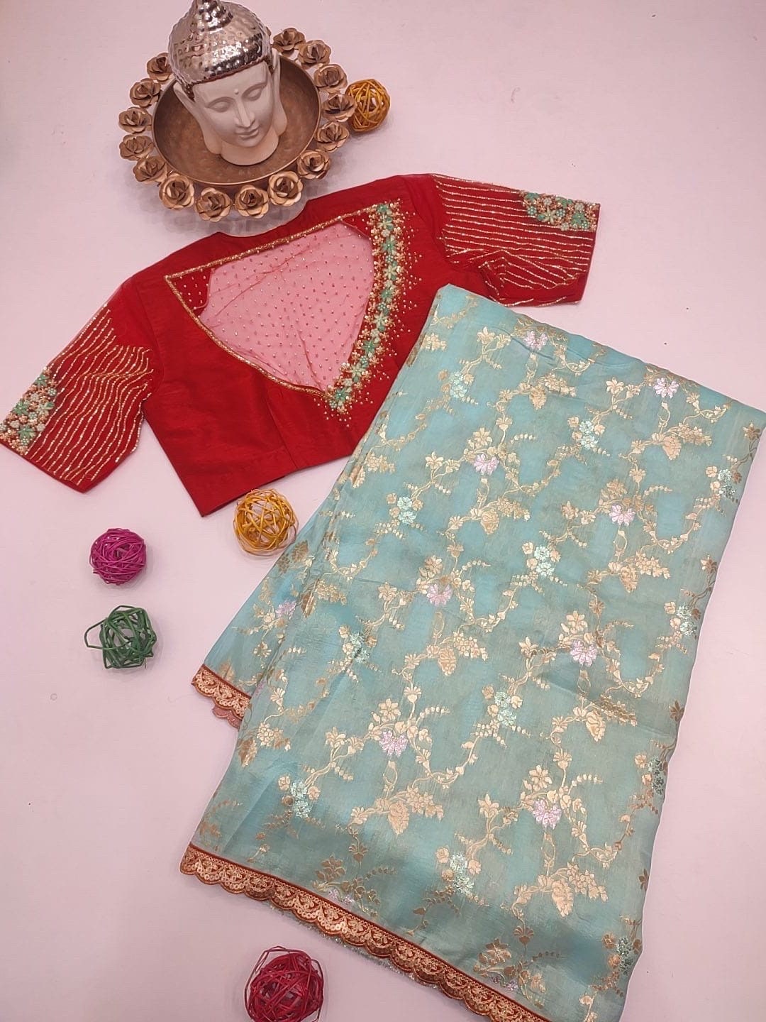 Beautiful Designer Organza Saree with Scalap Border /Ready to wear maggam blouse fit to 32 to 46/ any color possible