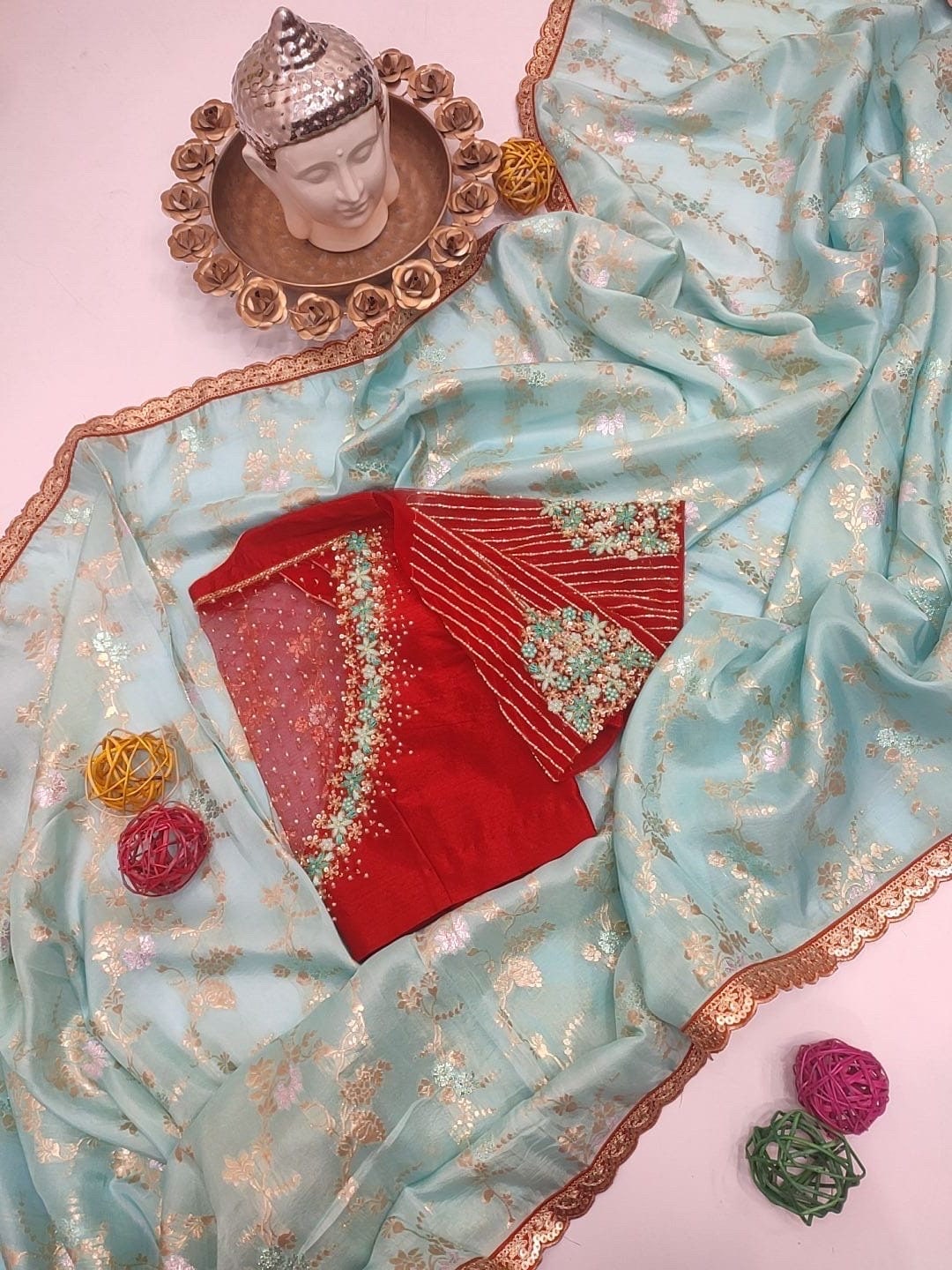 Beautiful Designer Organza Saree with Scalap Border /Ready to wear maggam blouse fit to 32 to 46/ any color possible