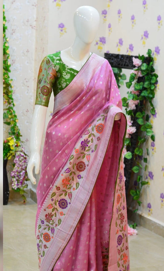 Beautiful premium quality paithani silk saree paired up with pretty designer  banarasi blouse