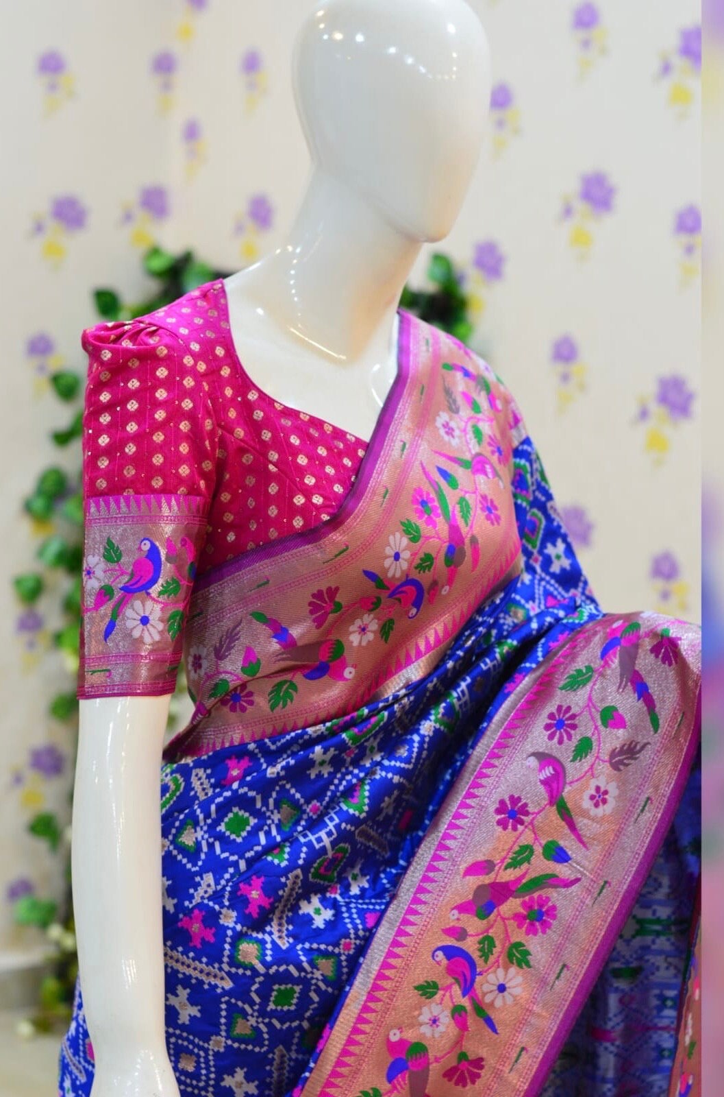 Beautiful patola paithani saree paired up with pretty banaras weaving blouse