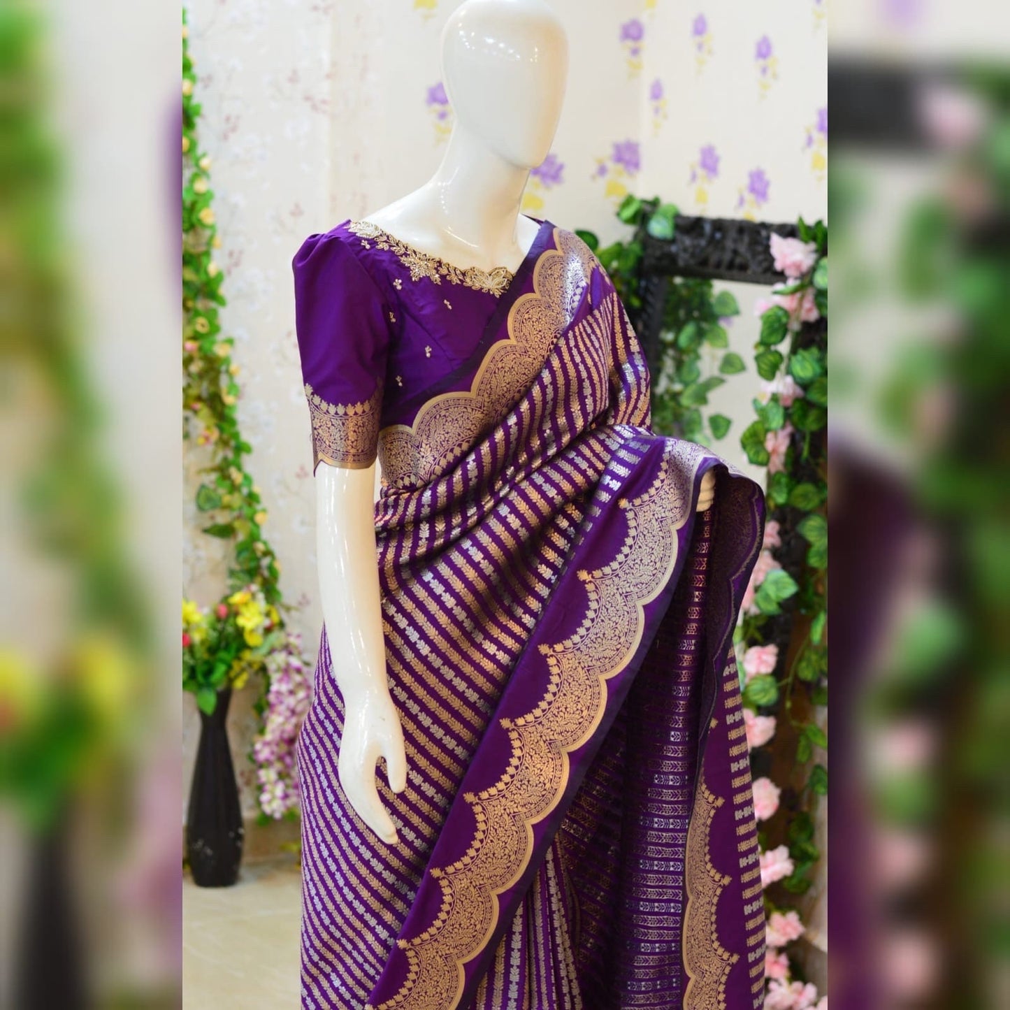 Beautiful Banarasi kataan silk  saree paired up with pretty Maggam work blouse. Blouse sizes can be customized.