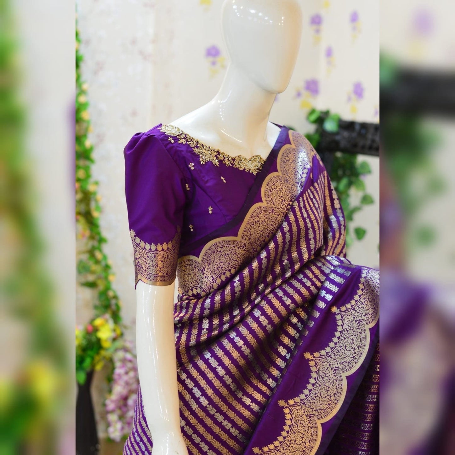 Beautiful Banarasi kataan silk  saree paired up with pretty Maggam work blouse. Blouse sizes can be customized.