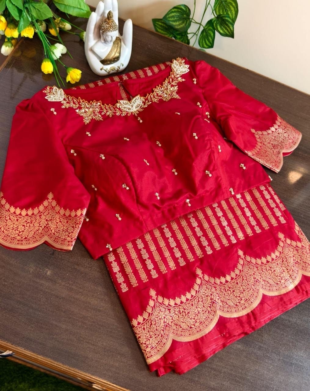 Beautiful Banarasi kataan silk  saree paired up with pretty Maggam work blouse. Blouse sizes can be customized.