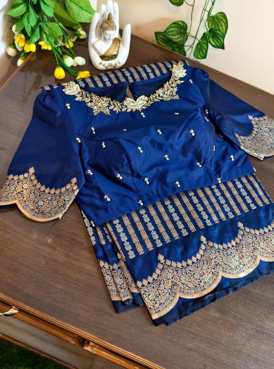 Beautiful Banarasi kataan silk  saree paired up with pretty Maggam work blouse. Blouse sizes can be customized.