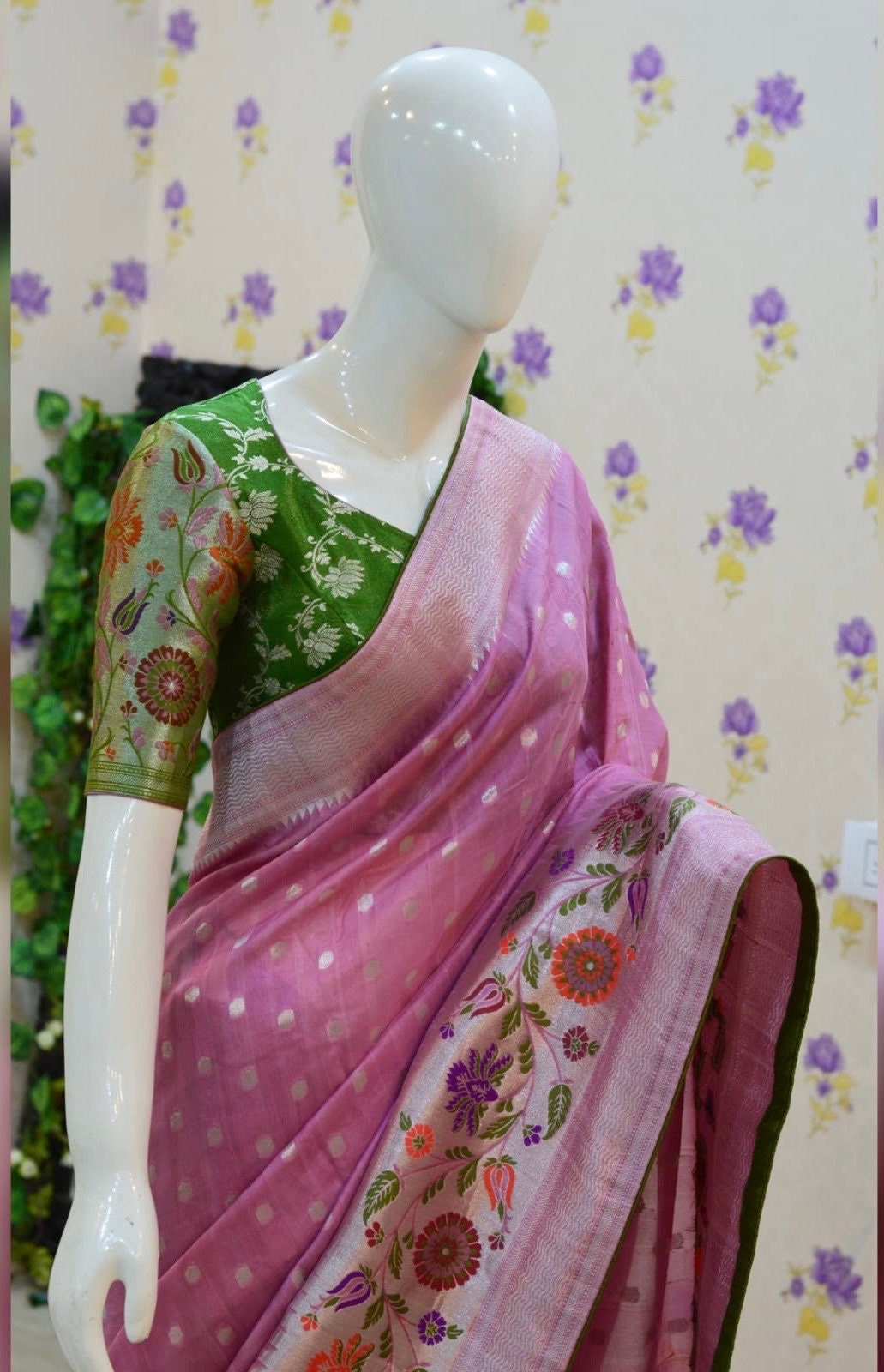 Beautiful premium quality paithani silk saree paired up with pretty designer  banarasi blouse