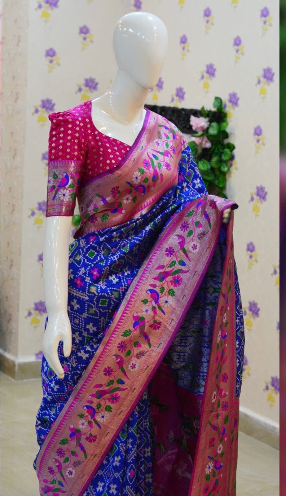 Beautiful patola paithani saree paired up with pretty banaras weaving blouse