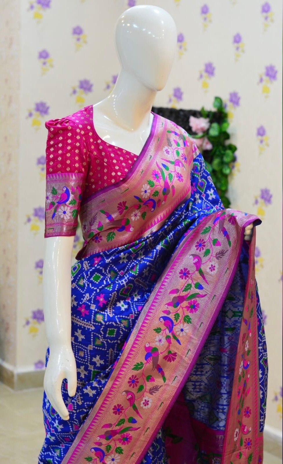 Beautiful patola paithani saree paired up with pretty banaras weaving blouse