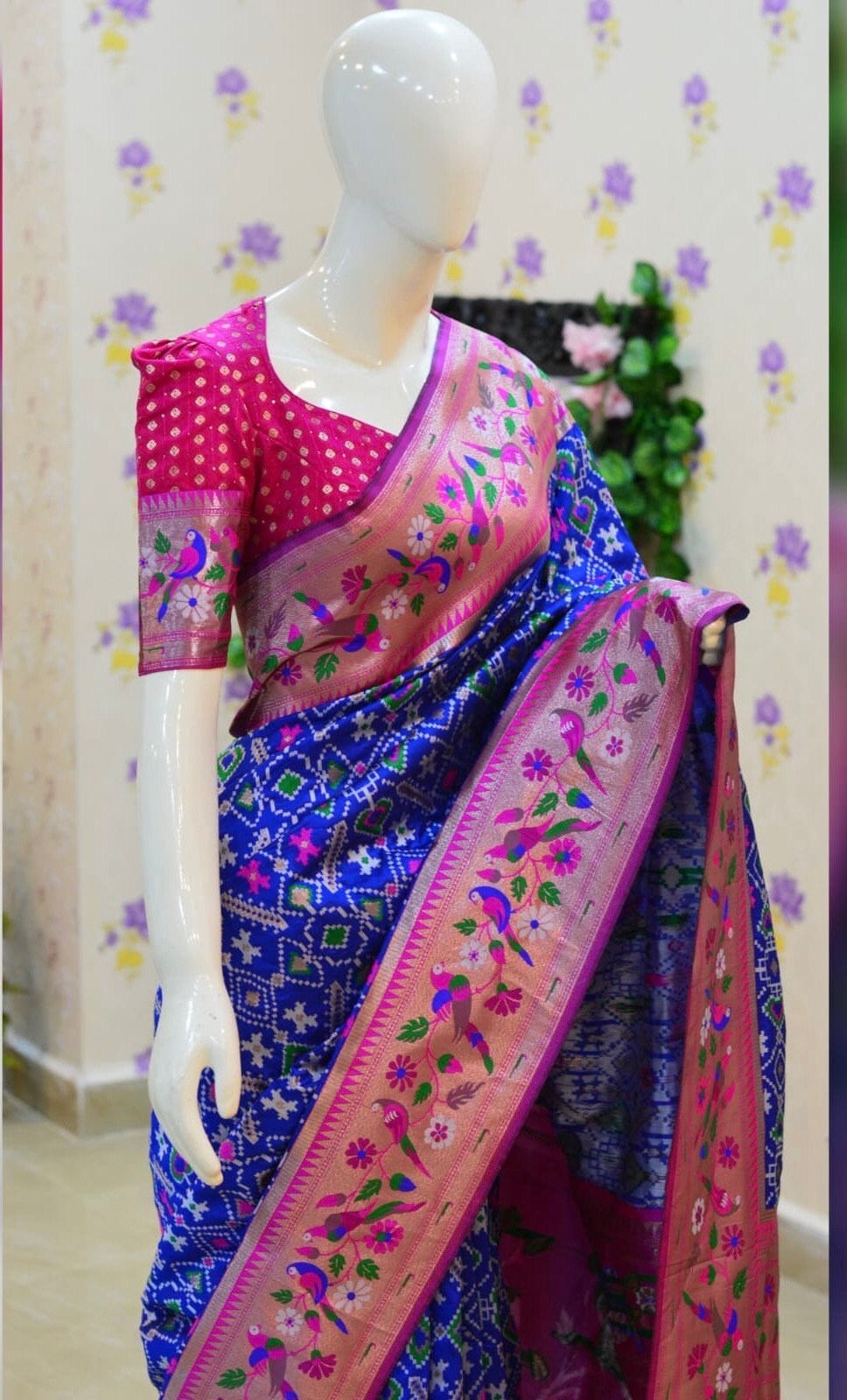 Beautiful patola paithani saree paired up with pretty banaras weaving blouse