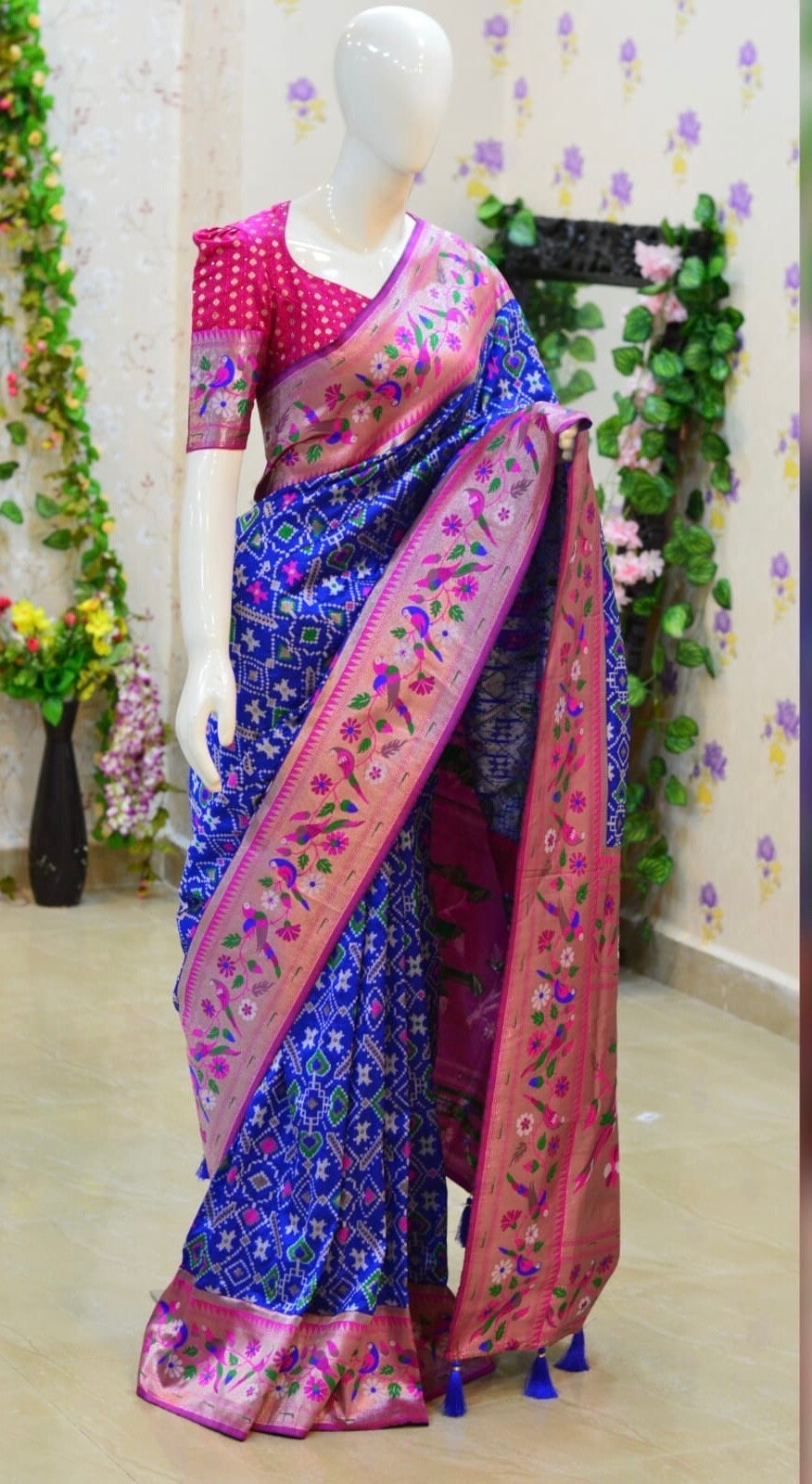 Beautiful patola paithani saree paired up with pretty banaras weaving blouse