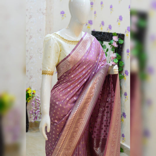 Beautiful soft banarasi pattu saree paired up with pretty maggam work blouse. Ready to wear Blouse sizes fits to 32 to 46