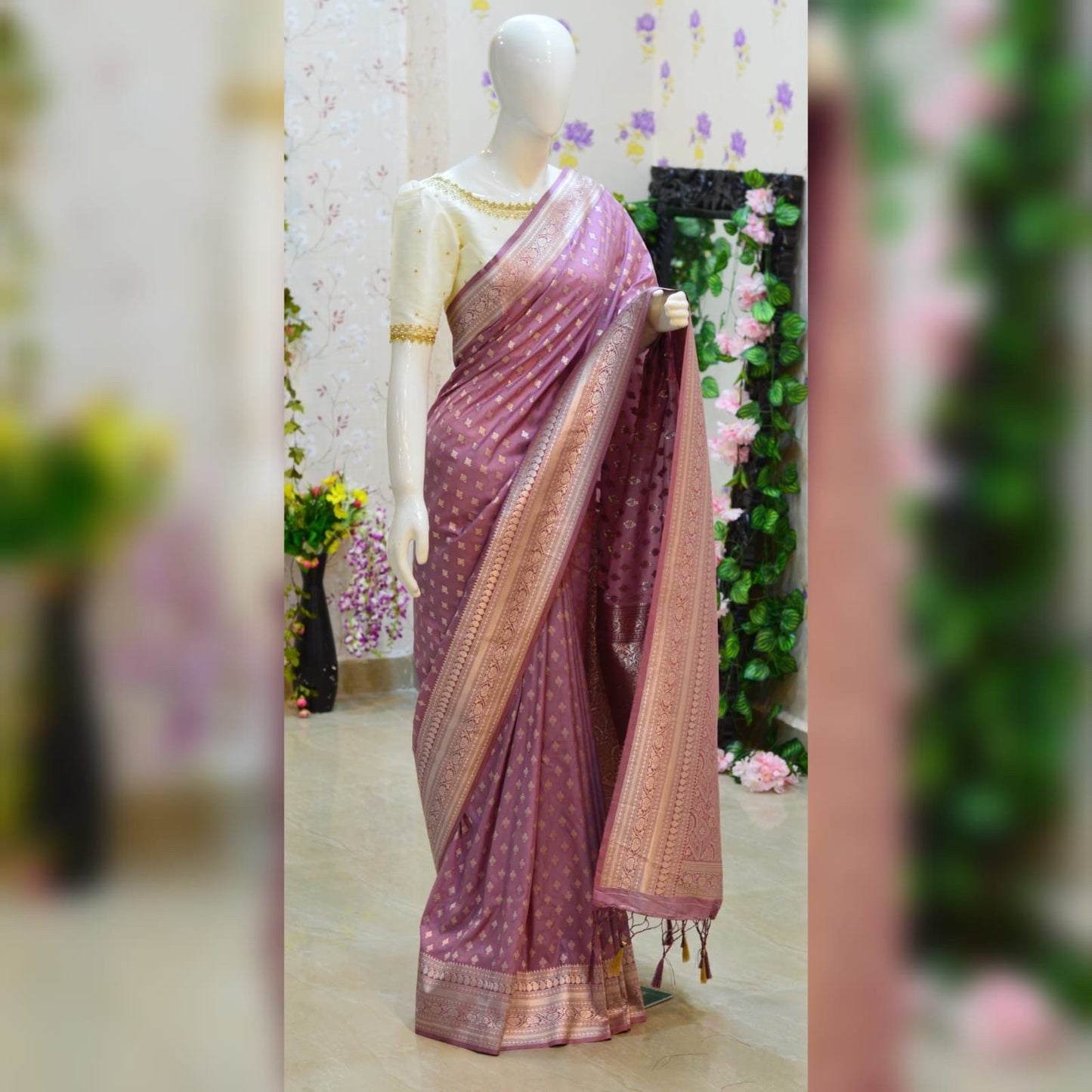 Beautiful soft banarasi pattu saree paired up with pretty maggam work blouse. Ready to wear Blouse sizes fits to 32 to 46