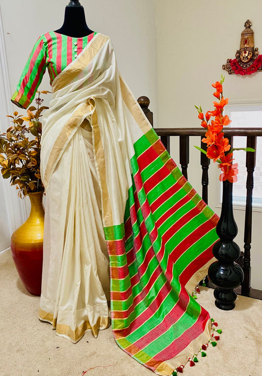 Kanjeevaram pure soft silk saree   with designer ready to wear Elbow length hands light weght treditional saree with half white