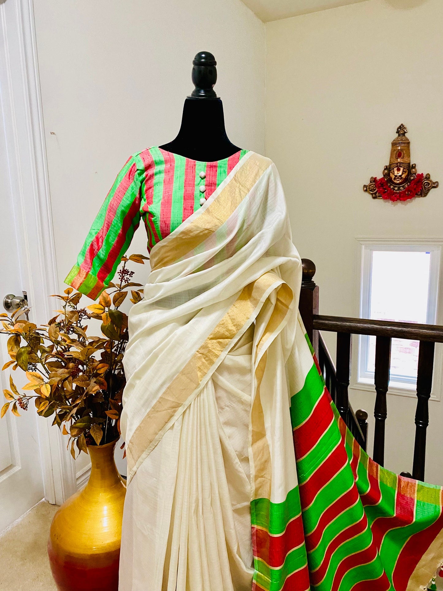 Kanjeevaram pure soft silk saree   with designer ready to wear Elbow length hands light weght treditional saree with half white