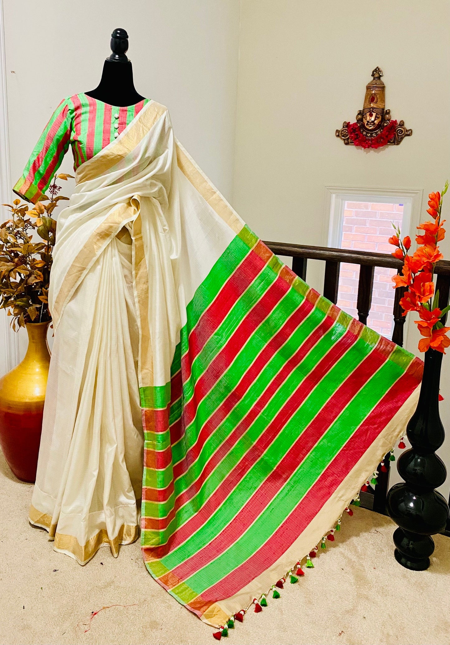 Kanjeevaram pure soft silk saree   with designer ready to wear Elbow length hands light weght treditional saree with half white