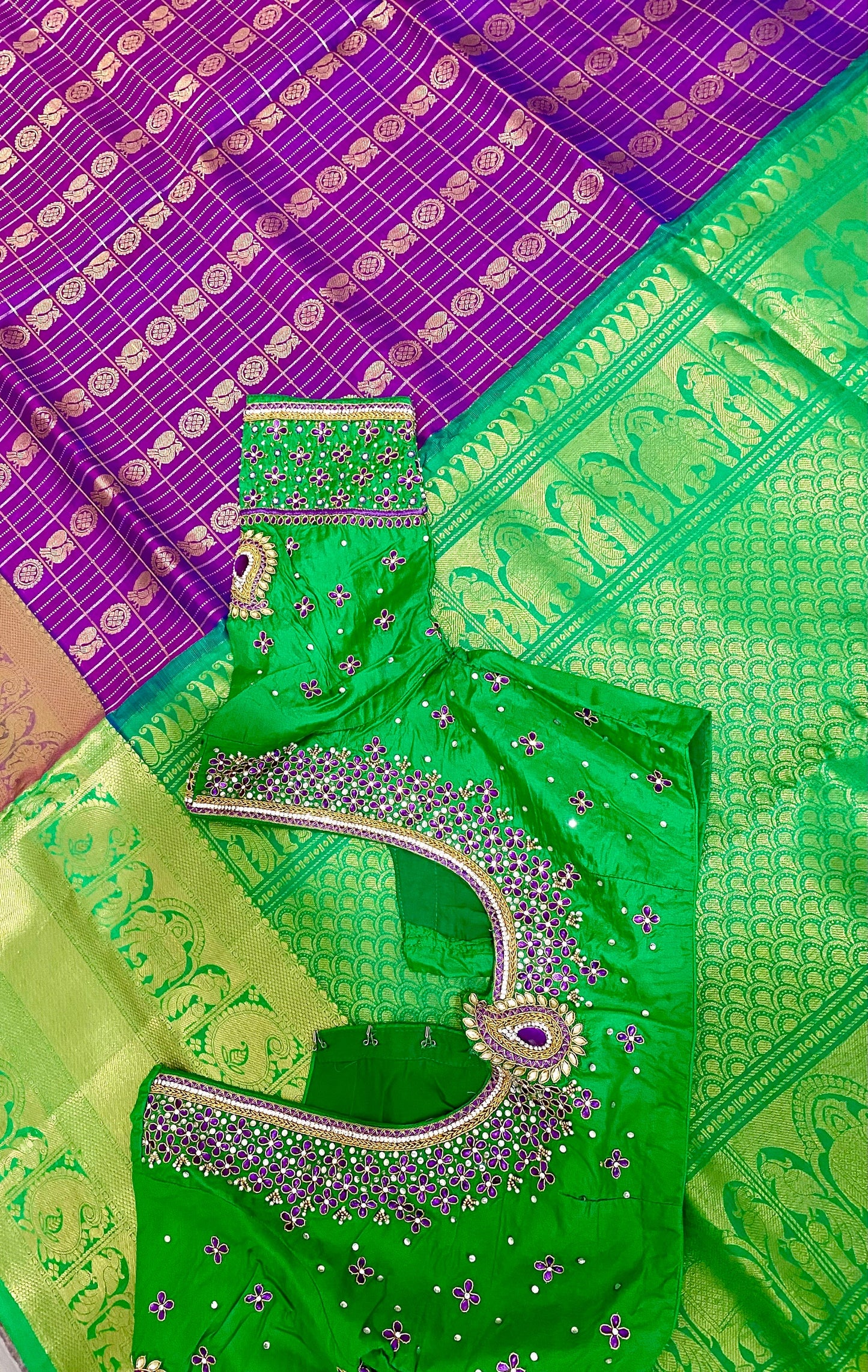 Kanchipuram pure silk handloom 2 jari Butta korvai with ready to wear hand made Maggam  blouse fits to 32 to 44