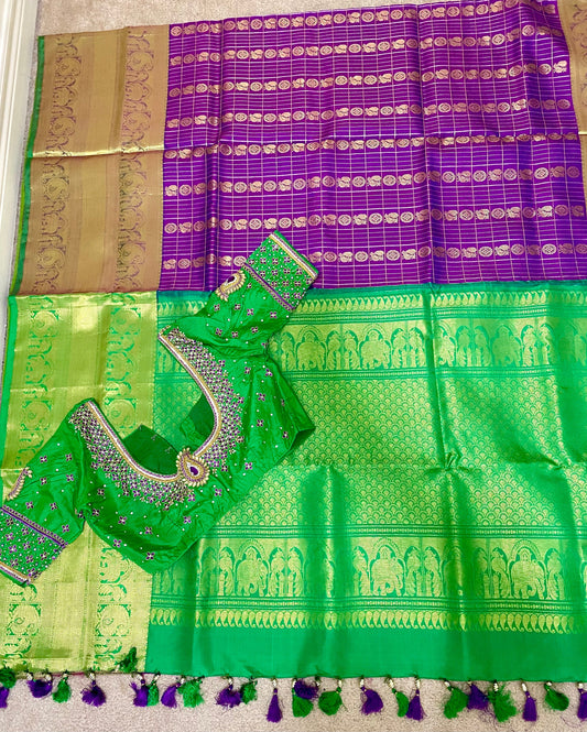 Kanchipuram pure silk handloom 2 jari Butta korvai with ready to wear hand made Maggam  blouse fits to 32 to 44