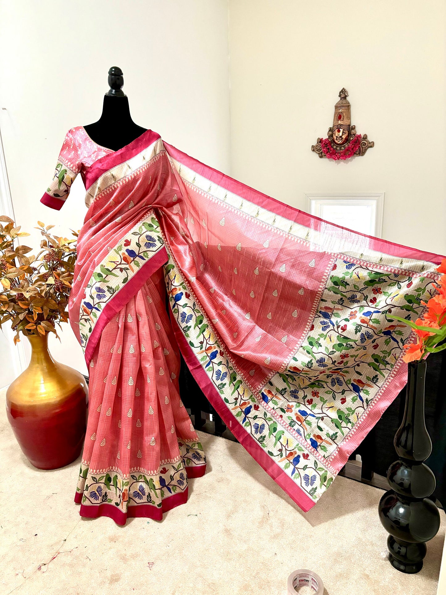 soft and smooth tussar sarees with indeed digital print _Paithani design all over saree ready to wear blouse fits to 32-46