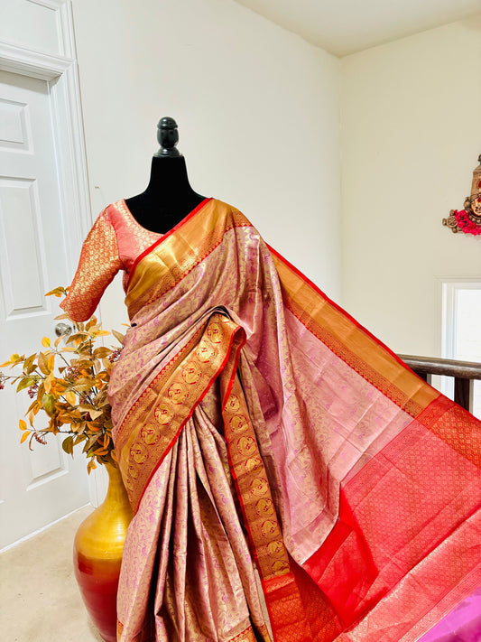 Beautiful Banarasi silk with Kanchi boarder with ready to wear designer blouse fits up to 32 to 46