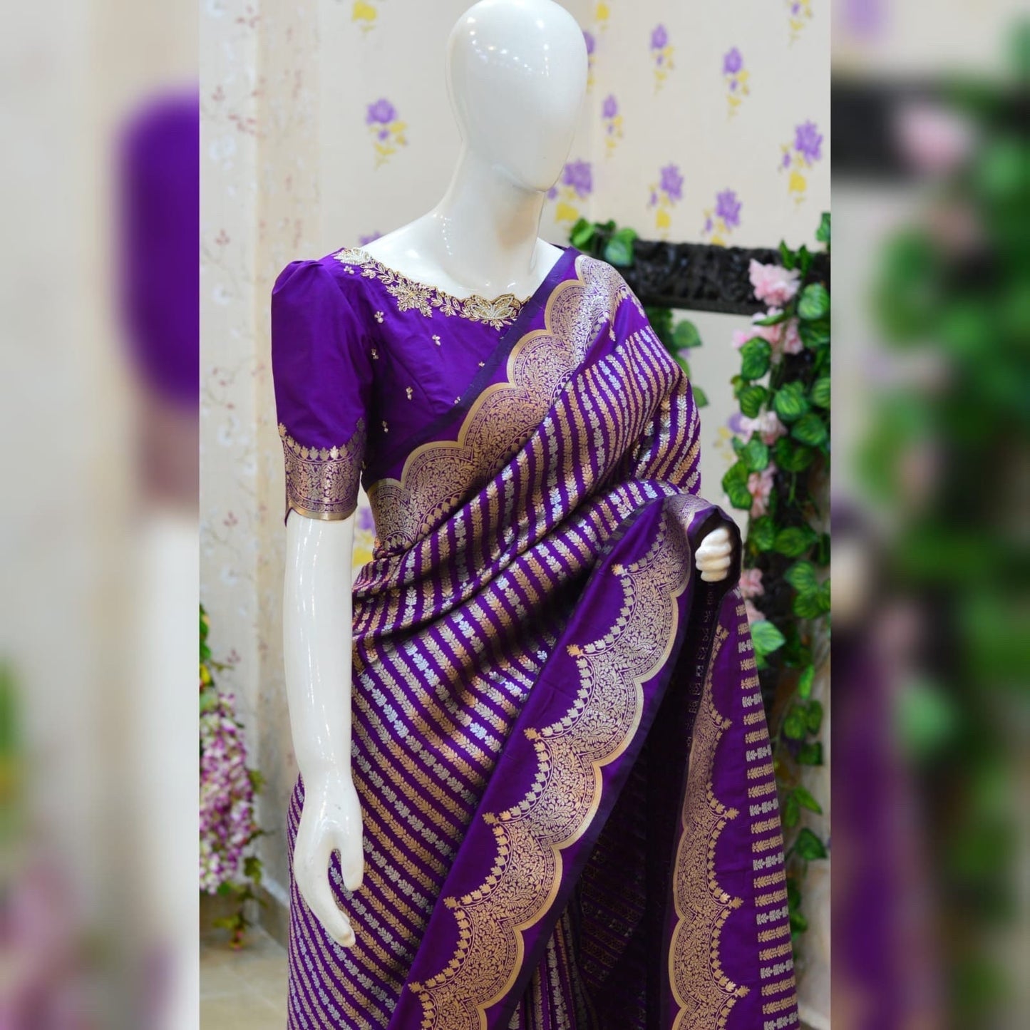 Beautiful Banarasi kataan silk  saree paired up with pretty Maggam work blouse. Blouse sizes can be customized.