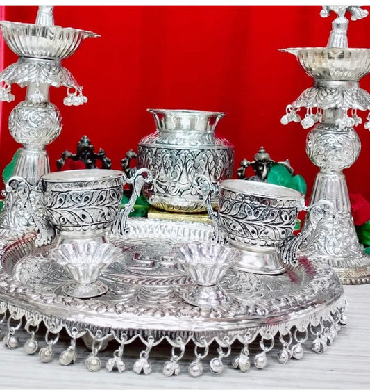 German silver antique Pooja set with Ghimguru Plate