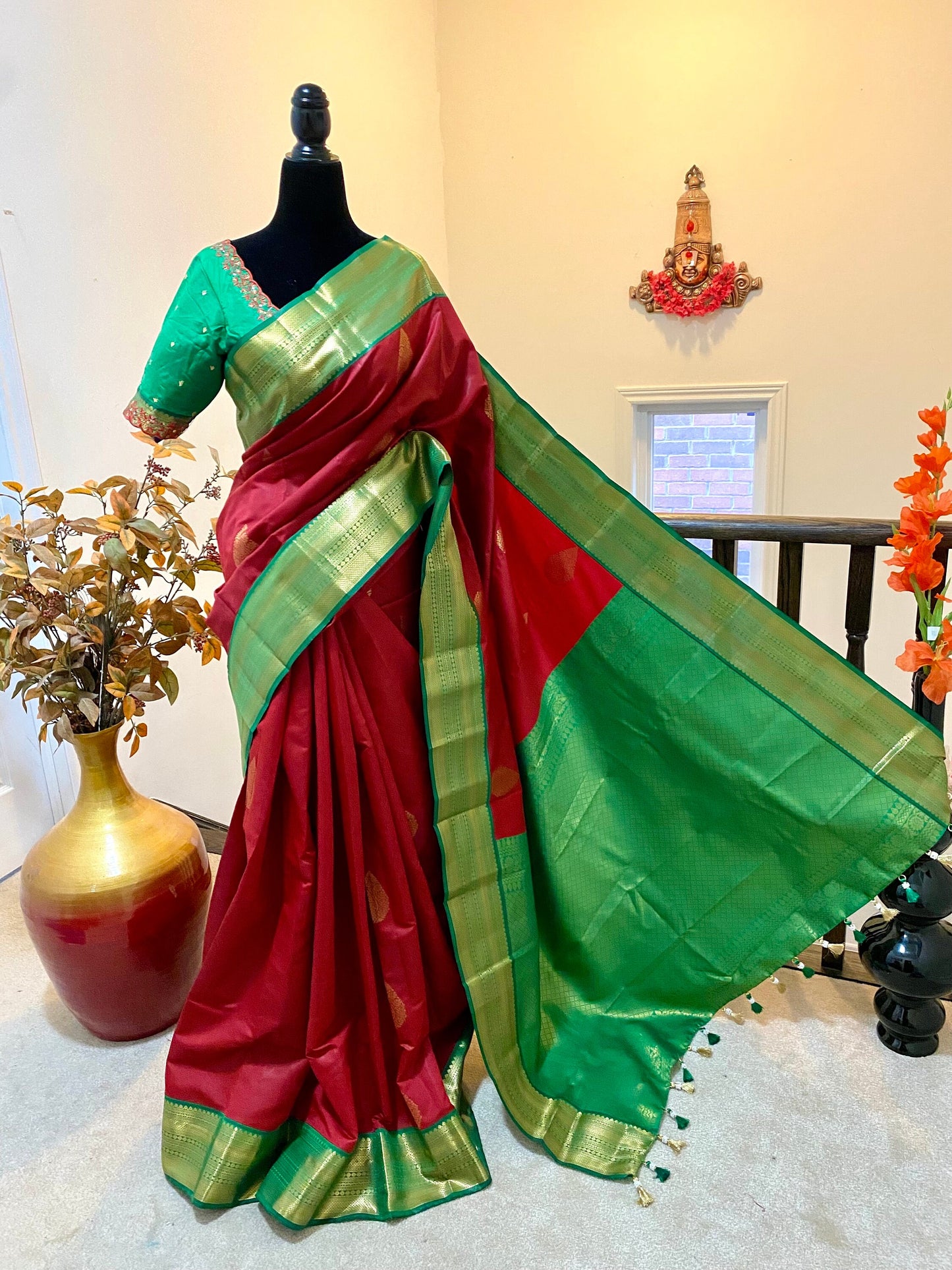 Kanchipuram soft  silk saree with ready to wear maggam work blouse fits to 32 to 46