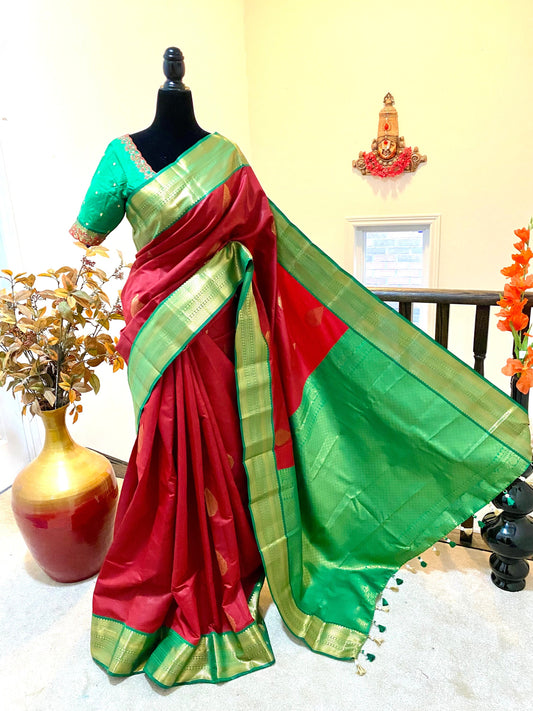 Kanchipuram soft  silk saree with ready to wear maggam work blouse fits to 32 to 46