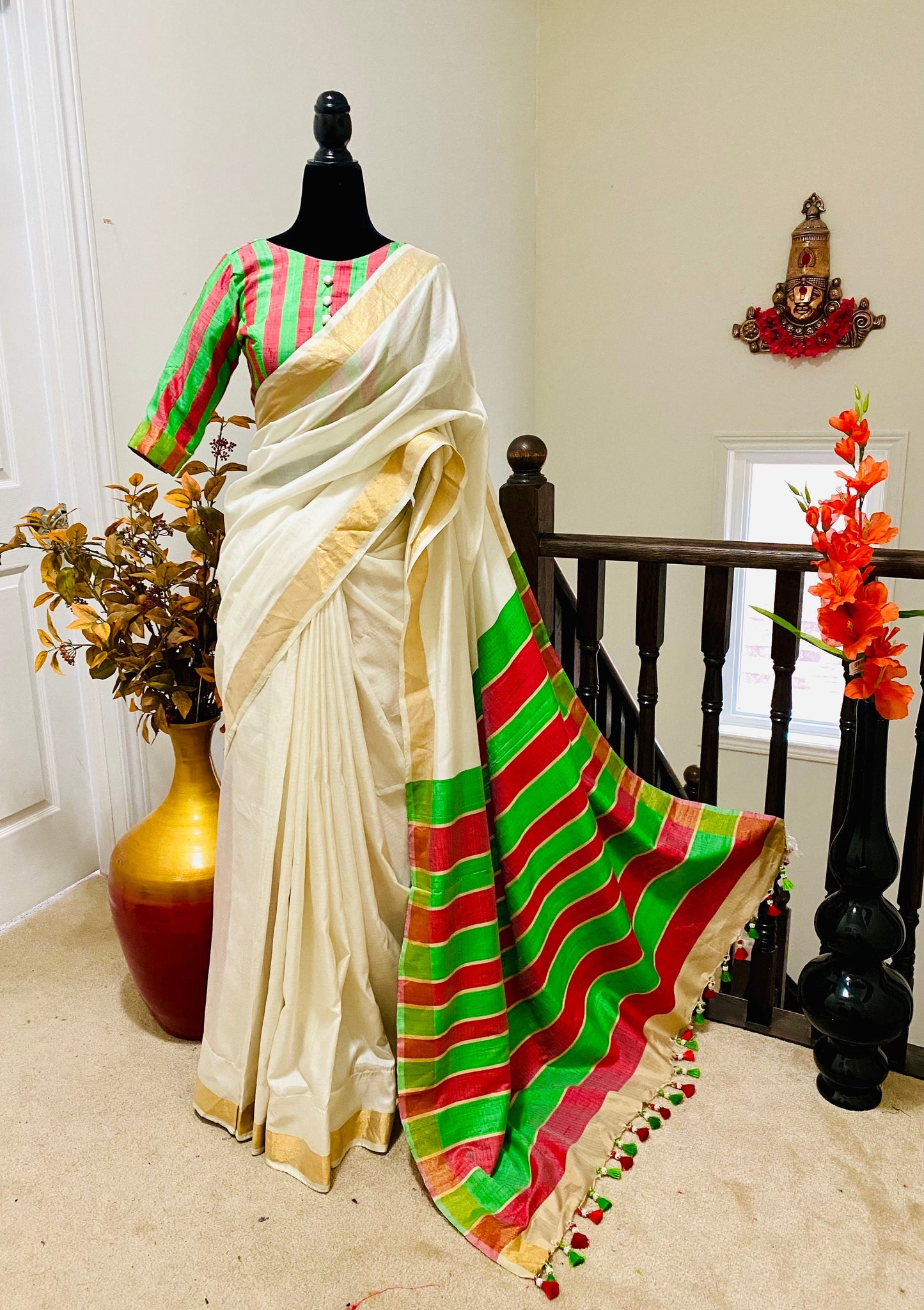 Kanjeevaram pure soft silk saree   with designer ready to wear Elbow length hands light weght treditional saree with half white