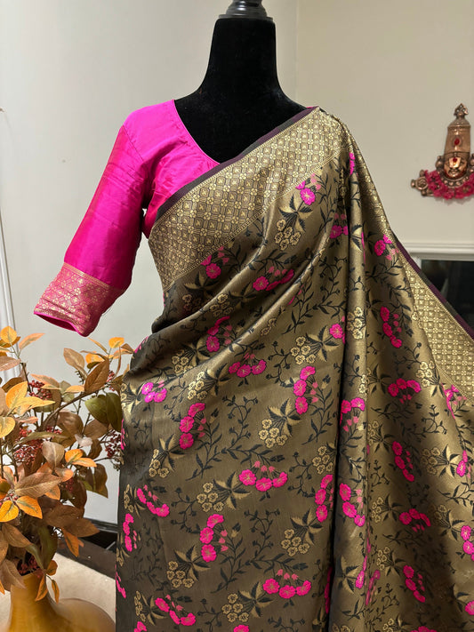 Beautiful coffee color Pure Silk Banarasi floral party wear saree