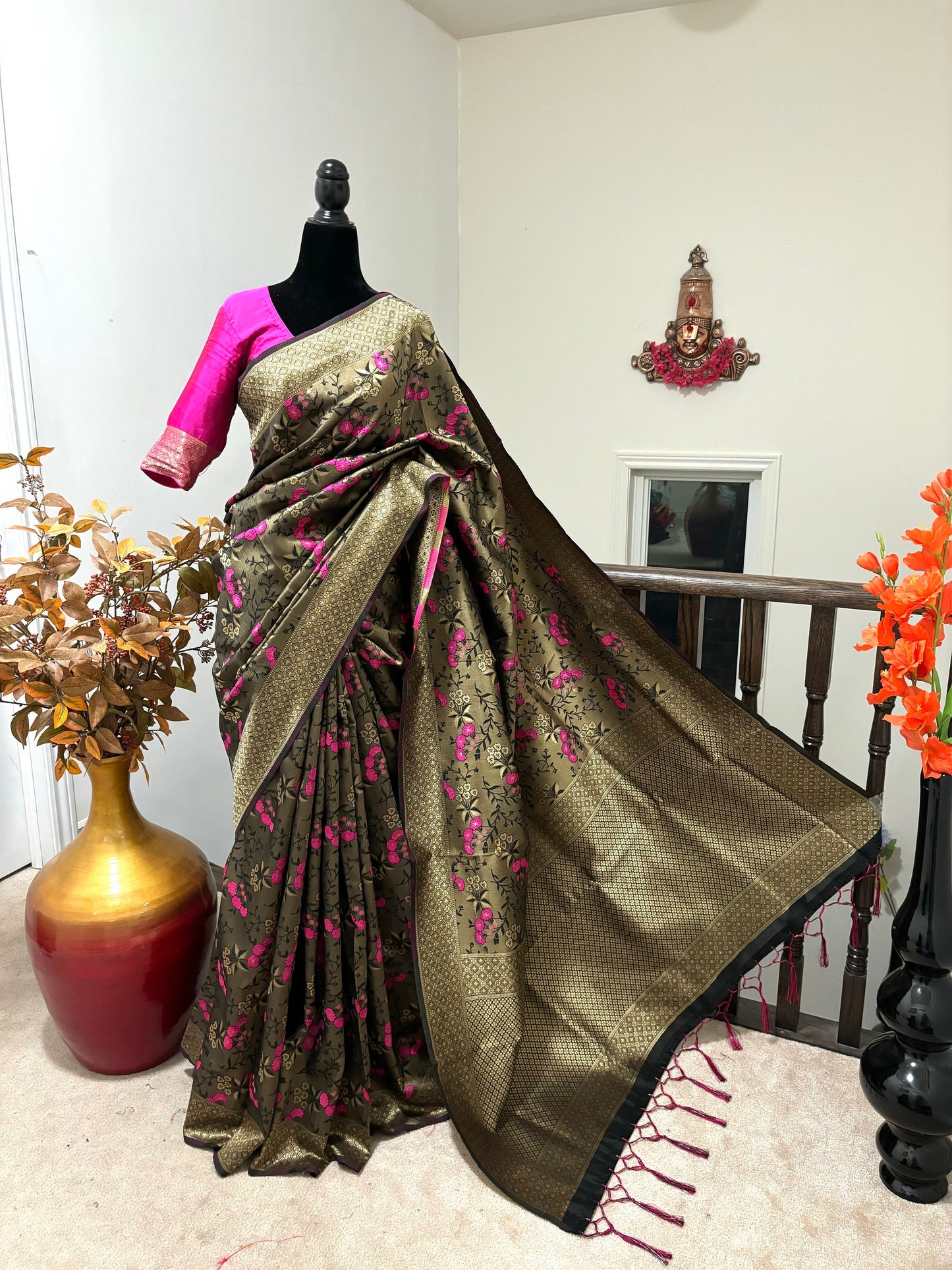 Beautiful coffee color Pure Silk Banarasi floral party wear saree