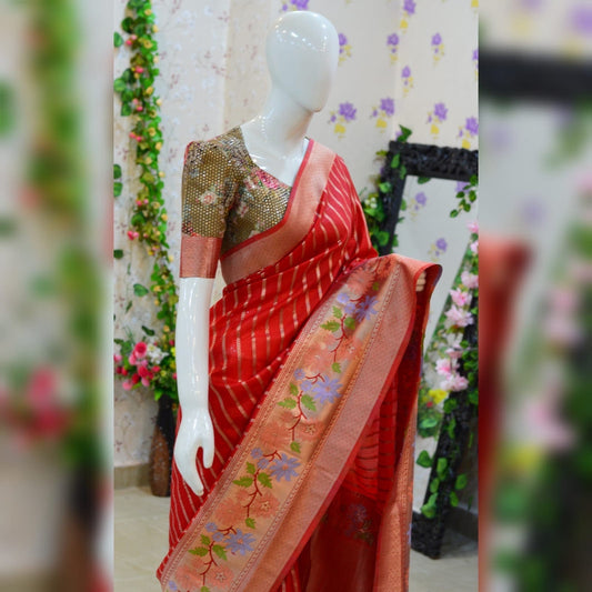 Beautiful kota silk saree paired up with pretty floral embroidery work blouse. Blouse sizes can be customized.