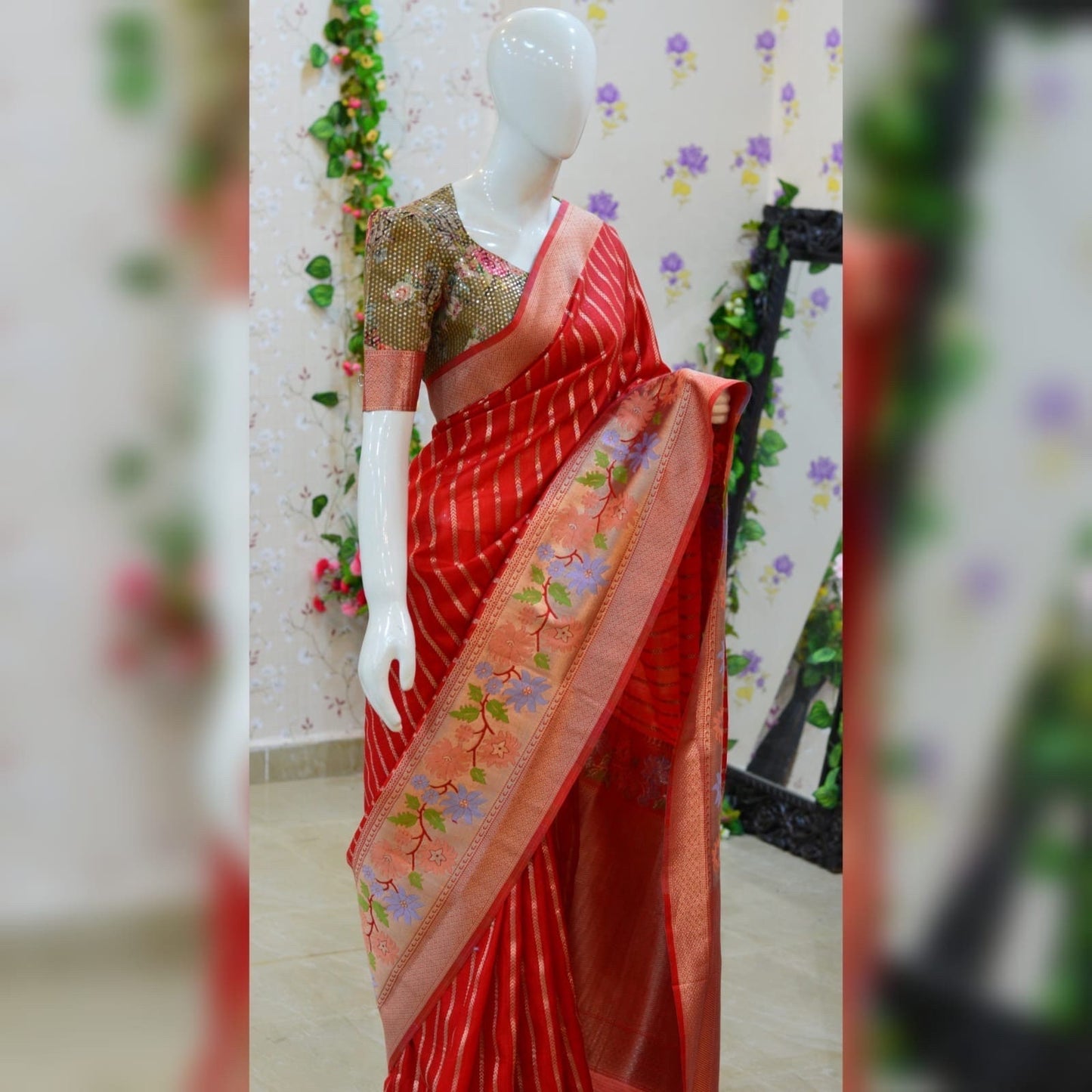 Beautiful kota silk saree paired up with pretty floral embroidery work blouse. Blouse sizes can be customized.