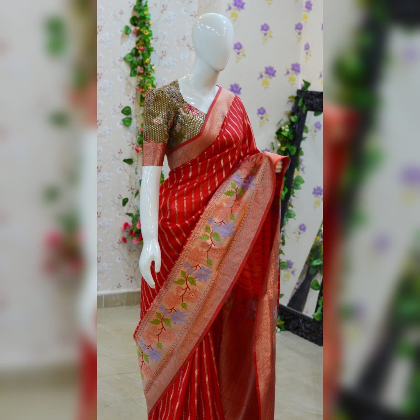 Beautiful kota silk saree paired up with pretty floral embroidery work blouse. Blouse sizes can be customized.