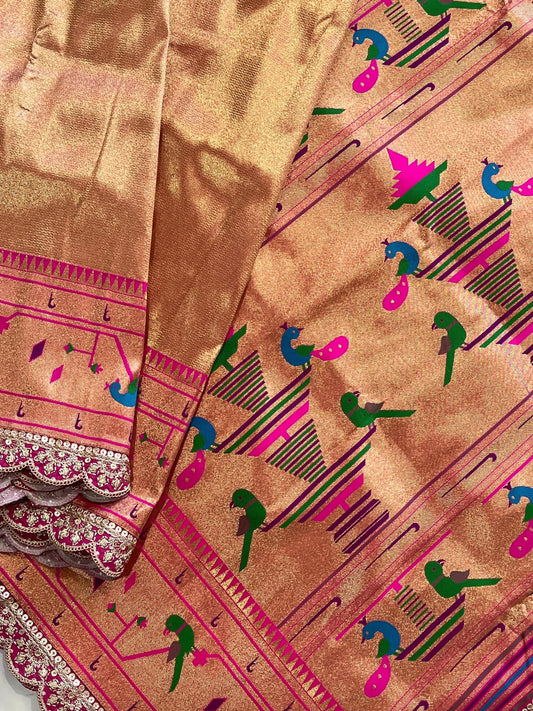 Beautiful Banarasi pythani saree in gold color with beautiful boarder and beautiful Pallu. Bridal