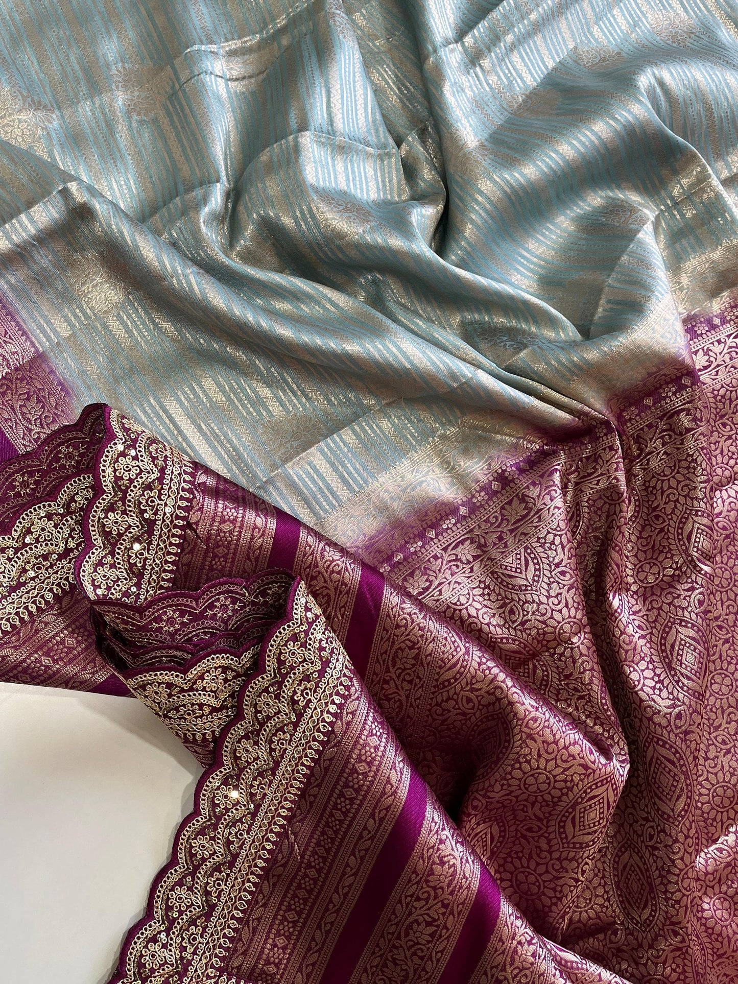 Banarasi organza tissue saree with self weaving butties on all over the sareedual shade contrast rich contrast weaving