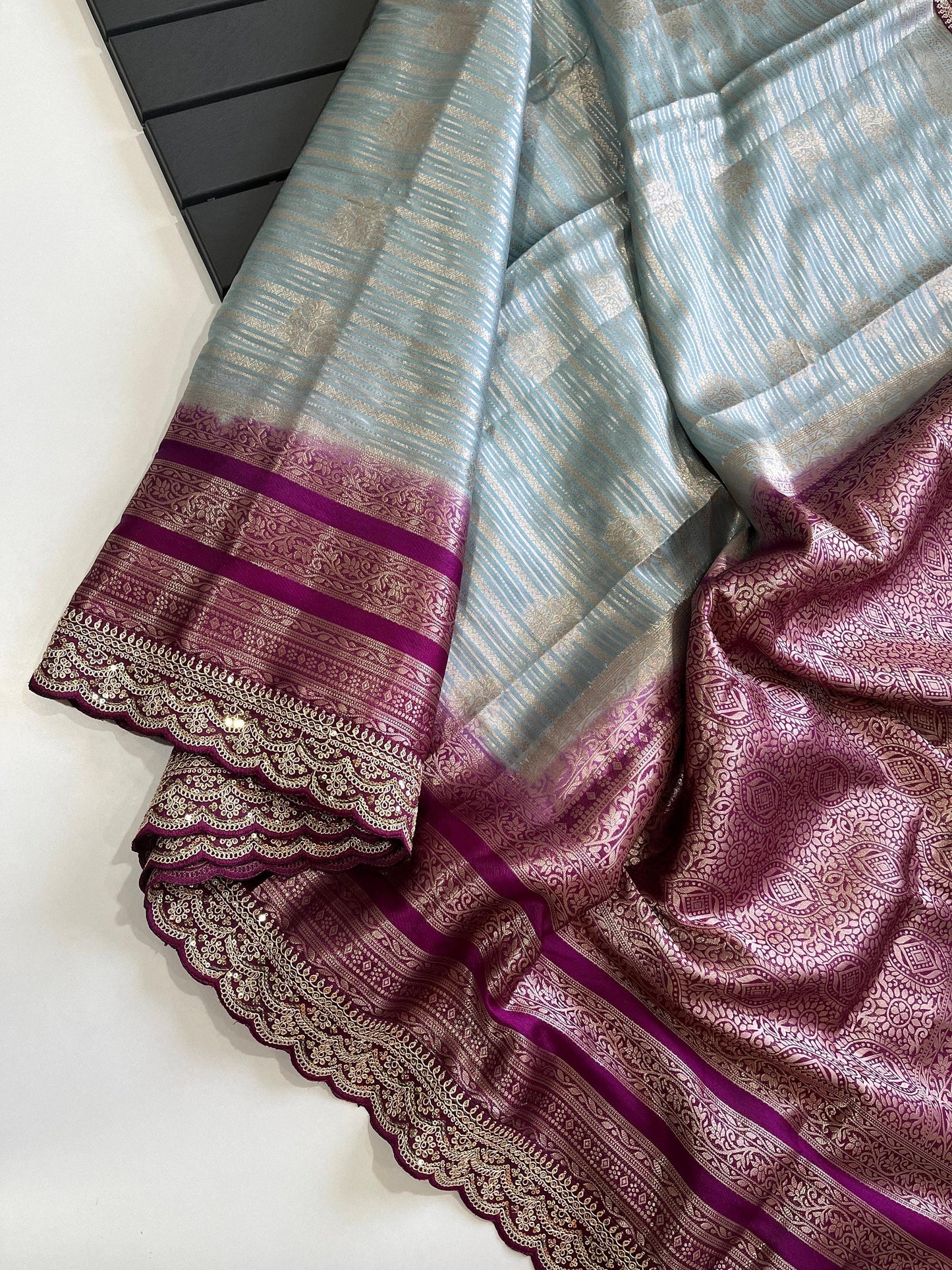 Banarasi organza tissue saree with self weaving butties on all over the sareedual shade contrast rich contrast weaving